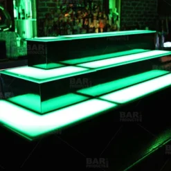 BarConic® LED Liquor Bottle Display Shelf - Outside Corner - 2 Steps - Black -Endurance Sales 2 tier outside corner led liquor bottle display shelves bpc 2