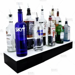 BarConic® LED Liquor Bottle Display Shelf - Outside Corner - 2 Steps - Black -Endurance Sales 2 tier outside corner led liquor bottle display shelves bpc 5