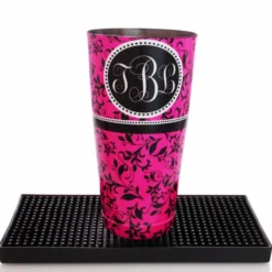 ADD YOUR NAME - Cocktail Shaker Tin - 28 Oz Weighted - Pink Swirls Monogram -Endurance Sales 28 oz pink swirl custom tin facing up