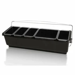 Roll Top Condiment Holder (Fruit Trays) With (4) 1-Quart And (1) 2-Quart Inserts -Endurance Sales 4 quat 1 2 insert roll top condiment trays granishes holder black
