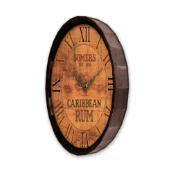 Custom Wood Barrel Top Clock – Caribbean Rum -Endurance Sales BarrelTop SideAngledView LG BARR CLOCK CARIB RUM
