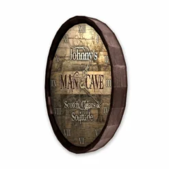 Custom Wood Barrel Top Clock – Man Cave - Scotch, Cigars, Solitude -Endurance Sales BarrelTop SideAngledView LG BARR CLOCK CAVE SCS
