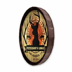 Custom Wood Barrel Top Sign – Deer Lodge -Endurance Sales BarrelTop SideAngledView LG BT KC BARR SIGN LODGE