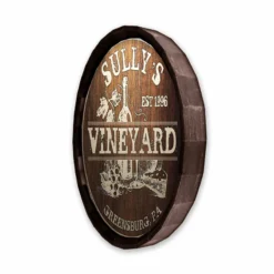 Custom Wood Barrel Top Sign – Vineyard -Endurance Sales BarrelTop SideAngledView LG BT KC BARR SIGN VINE