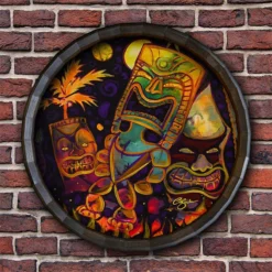 Tiki Fire Night Wood Barrel Top Sign/Clock -Endurance Sales BarrelTop StraightFlatView BT KC BARR CB FIRE
