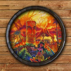 Lucky Tiki Wood Barrel Top Sign/Clock -Endurance Sales BarrelTop StraightFlatView BT KC BARR CB LUCKY