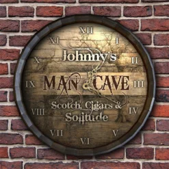 Custom Wood Barrel Top Clock – Man Cave - Scotch, Cigars, Solitude -Endurance Sales BarrelTop StraightFlatView LG BARR CLOCK CAVE SCS