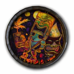 Tiki Fire Night Wood Barrel Top Sign/Clock -Endurance Sales BarrelTop StraightFlatView 0014 BT KC BARR CB FIRE