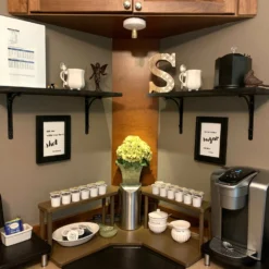 Counter Caddies™ - Walnut-Stained Corner Shelf - Barista Style W/ K-CUP Holes & Trash Can Inset - Available In Black -Endurance Sales CounterCaddy CounterShelf CoffeeStation 1600
