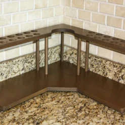 Counter Caddies™ - Walnut-Stained Corner Shelf - Barista Style W/ K-CUP Holes & Trash Can Inset - Available In Black -Endurance Sales CounterCaddyTrash