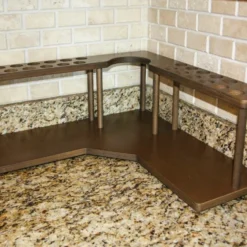 Counter Caddies™ - Walnut-Stained Corner Shelf - Barista Style W/ K-CUP Holes & Trash Can Inset - Available In Black -Endurance Sales CounterCaddyTrash2