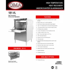 CMA High Temp Under Counter Glasswasher With Heat Recovery System 8 CMA High Temp Under Counter Glasswasher With Heat Recovery System -Endurance Sales DW 181 VL ProductSpec