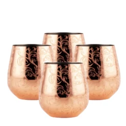 Copper Etched Stemless Wine Glass - Set Of 4 - 20 Ounce