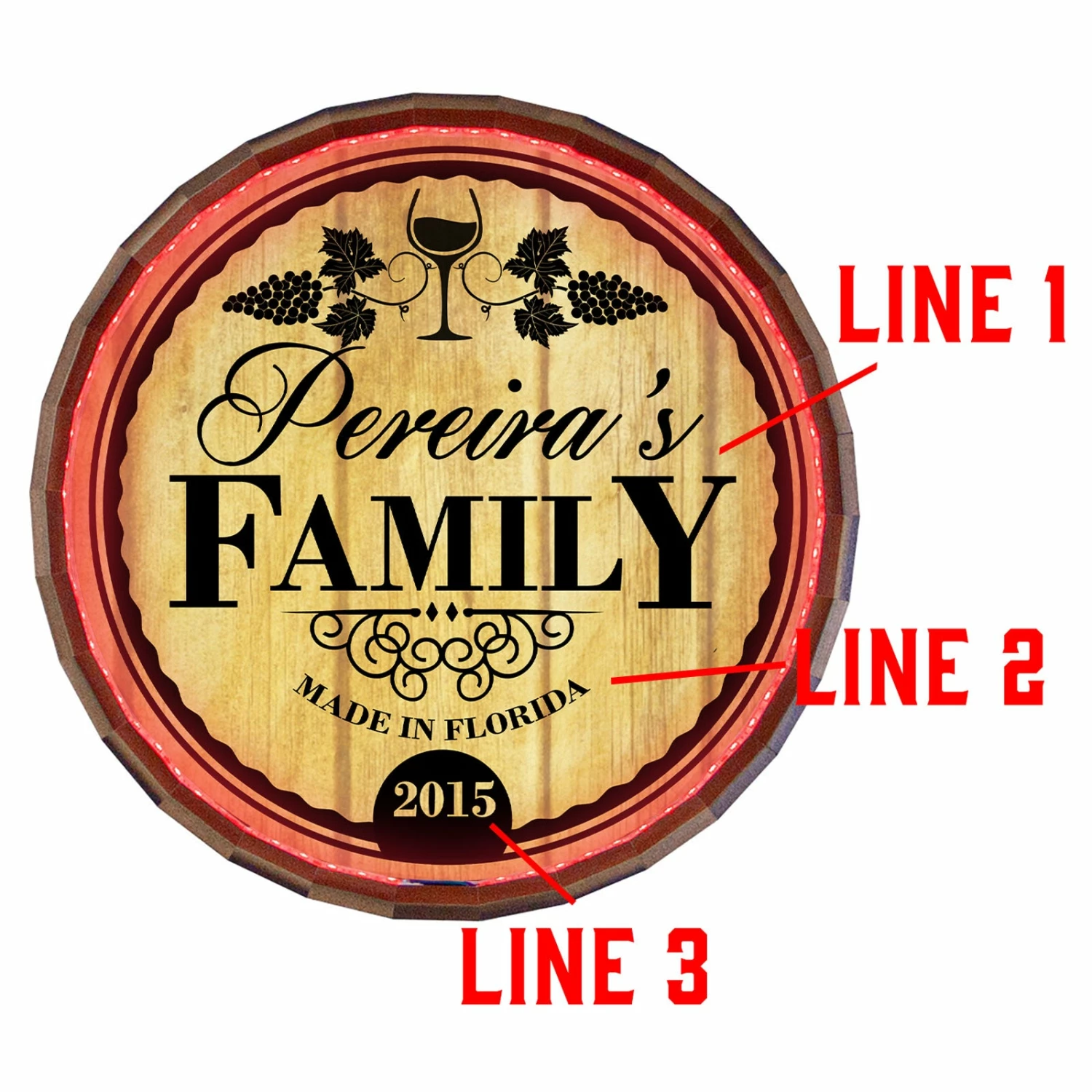 Custom LED Wood Barrel Top Sign - Family 5 Custom LED Wood Barrel Top Sign - Family - Image 3