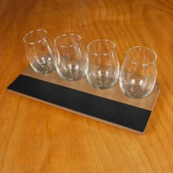 Wine Flight With Walnut Finish And Chalk Strip - Includes 12oz. Stemless Wine Glasses -Endurance Sales FT SB 2 6