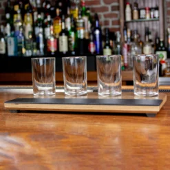 Beer Flight With Walnut Finish And Chalk Strip - Includes 5.5oz. Highball Glasses -Endurance Sales FT SB 3 4