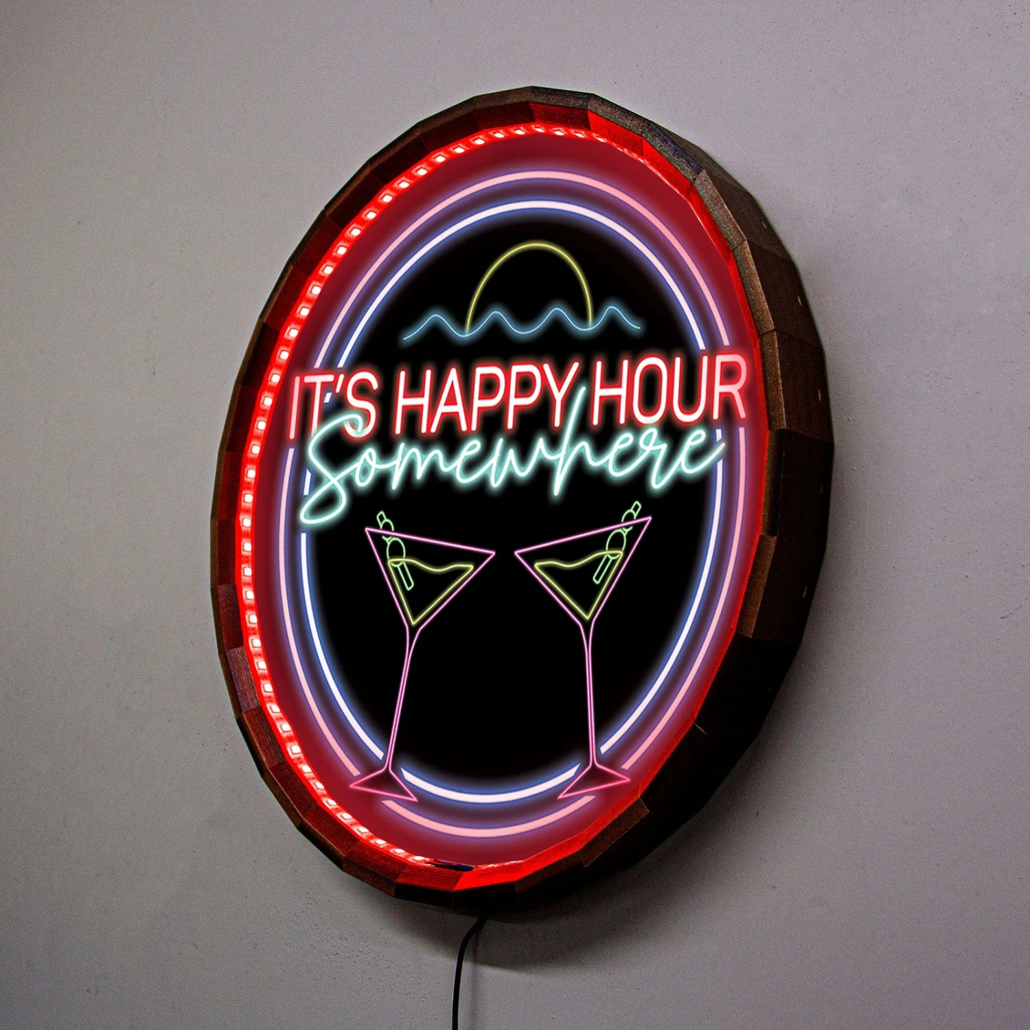 LED Wood Barrel Top Sign - Happy Hour 6 LED Wood Barrel Top Sign - Happy Hour - Image 4