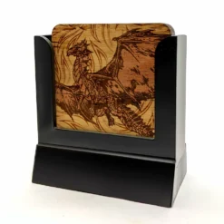 Wooden Coasters - Mythological Creatures - Set Of 4 W/ Coaster Caddy -Endurance Sales Wood Coaster Dragon web