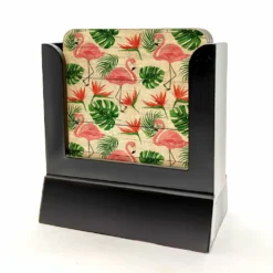 Wooden Coasters - Tropical - Set Of 4 W/ Coaster Caddy -Endurance Sales Wood Coaster Flamingo web