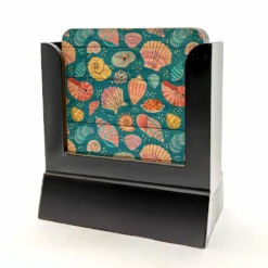 Wooden Coasters - Tropical - Set Of 4 W/ Coaster Caddy -Endurance Sales Wood Coaster Seashells web