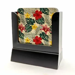 Wooden Coasters - Tropical - Set Of 4 W/ Coaster Caddy -Endurance Sales Wood Coaster Tropical Floral web