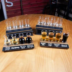 Wine Flight With Walnut Finish And Chalk Strip - Includes 12oz. Stemless Wine Glasses -Endurance Sales all flights 27cc9524 9cd4 426d 8318 9d488823acbf
