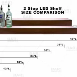 BarConic® LED Liquor Bottle Display Shelf - 2 Steps - Mahogany - Several Lengths -Endurance Sales barconic led liquor bottle display shelf 2 step mahogany bpc 9