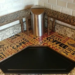 Counter Caddies™ - "BARISTA" Themed Artwork - Corner Shelf - W/ Trash Can Inset -Endurance Sales barista trash web2