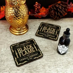 Wooden Square Coasters - Customizable - Halloween Black Flame Candle Company - Set Of 4 -Endurance Sales black flame candle company wood coaster2