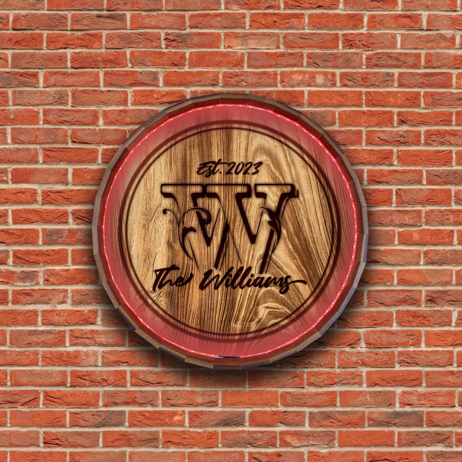 Custom LED Wood Barrel Top Sign - Family Monogram 4 Custom LED Wood Barrel Top Sign - Family Monogram - Image 2
