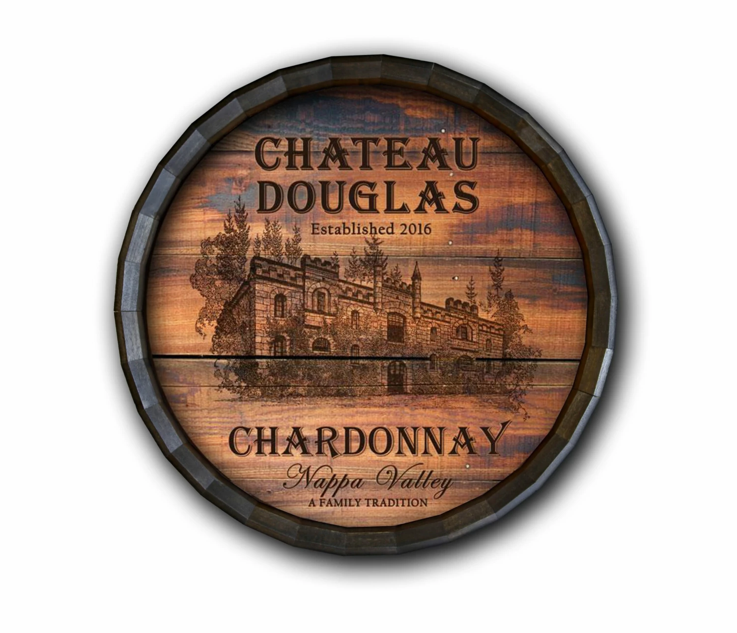 Custom Wood Barrel Top Sign – Chateau Design 3 Custom Wood Barrel Top Sign – Chateau Design
