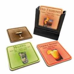 Wooden Coasters - Cocktails Design - Set Of 4 W/ Coaster Caddy