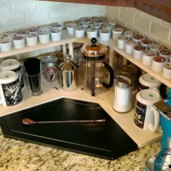 Counter Caddies™ - NATURAL - CORNER Shelf W/ K-CUP Holes -Endurance Sales coffee corner natural holes web 3 scaled