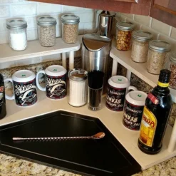 Counter Caddies™ - NATURAL - CORNER Shelf W/ Trash Can Inset -Endurance Sales coffee corner natural trsh web1