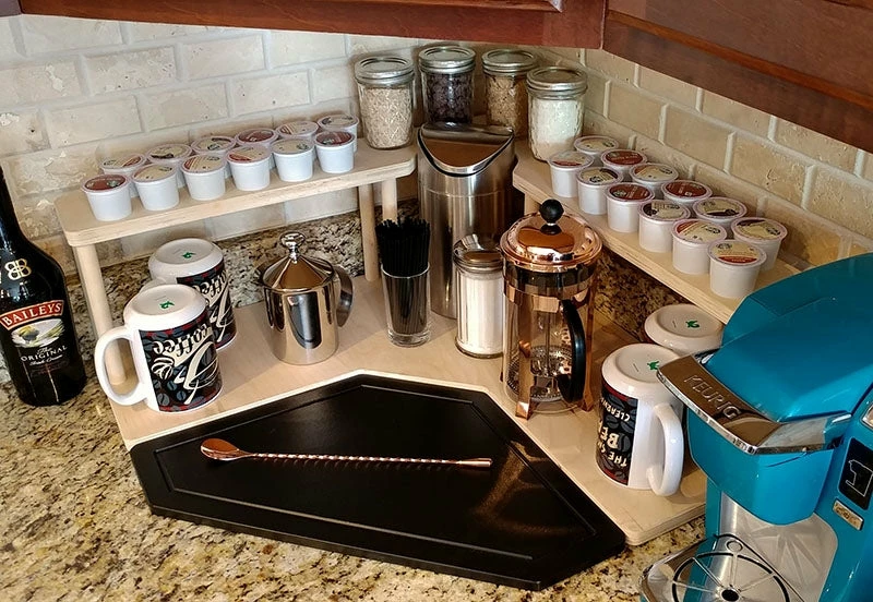 Counter Caddies™ - NATURAL - CORNER Shelf W/ K-CUP Holes & Trash Can Inset 6 Counter Caddies™ - NATURAL - CORNER Shelf W/ K-CUP Holes & Trash Can Inset - Image 4