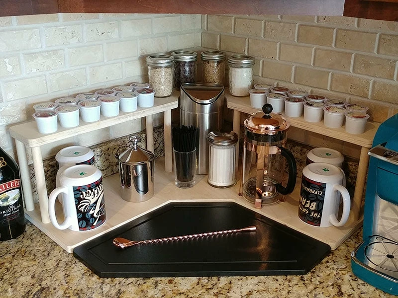 Counter Caddies™ - NATURAL - CORNER Shelf W/ K-CUP Holes & Trash Can Inset 4 Counter Caddies™ - NATURAL - CORNER Shelf W/ K-CUP Holes & Trash Can Inset - Image 2