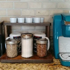 Counter Caddies™ - Walnut-Stained Straight Shelf - W/ K-Cup Holes - 12" Length -Endurance Sales coffee stained 12 holes web1