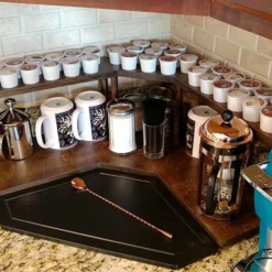 Counter Caddies™ - Walnut-Stained Corner Shelf - Barista Style W/ K-CUP Holes -Endurance Sales coffee stained corner holes web2