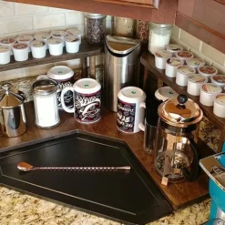 Counter Caddies™ - Walnut-Stained Corner Shelf - Barista Style W/ K-CUP Holes & Trash Can Inset - Available In Black -Endurance Sales coffee stained corner web1