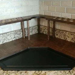 Counter Caddies™ - Walnut-Stained Corner Shelf - Barista Style W/ K-CUP Holes & Trash Can Inset - Available In Black -Endurance Sales coffee stained corner web2