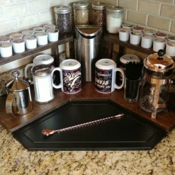 Counter Caddies™ - Walnut-Stained Corner Shelf - Barista Style W/ K-CUP Holes & Trash Can Inset - Available In Black -Endurance Sales coffee stained corner web3