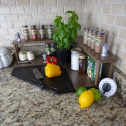 Counter Caddies™ - Walnut-Stained Corner Shelf - Culinary Style - Available In Black -Endurance Sales counter caddies corner culinary stained decorated side
