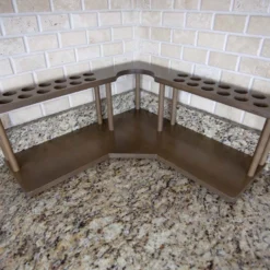 Counter Caddies™ - Walnut-Stained Corner Shelf - Barista Style W/ K-CUP Holes & Trash Can Inset - Available In Black -Endurance Sales counter caddies corner trash k cups stained empty 1000x800 1