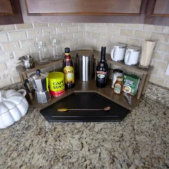 Counter Caddies™ - Walnut-Stained Corner Shelf - Barista Style W/ Trash Can Inset - Available In Black 22 Counter Caddies™ - Walnut-Stained Corner Shelf - Barista Style W/ Trash Can Inset - Available In Black -Endurance Sales counter caddies corner trash stained decorated front