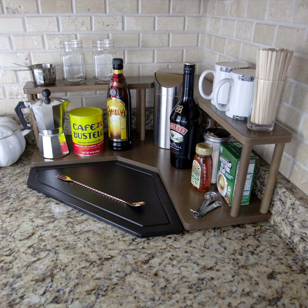 Counter Caddies™ - Walnut-Stained Corner Shelf - Barista Style W/ Trash Can Inset - Available In Black 8 Counter Caddies™ - Walnut-Stained Corner Shelf - Barista Style W/ Trash Can Inset - Available In Black - Image 6
