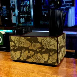 Wooden Bar Caddy - Rustic Hibiscus - Earth Tones -Endurance Sales custom wood caddy HIB ERTH WEB ACTION