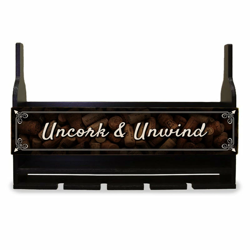 Wall Mounted Wine Bottle & Glass Hanging Shelf W/ Uncork & Unwind Plaque 3 Wall Mounted Wine Bottle & Glass Hanging Shelf W/ Uncork & Unwind Plaque