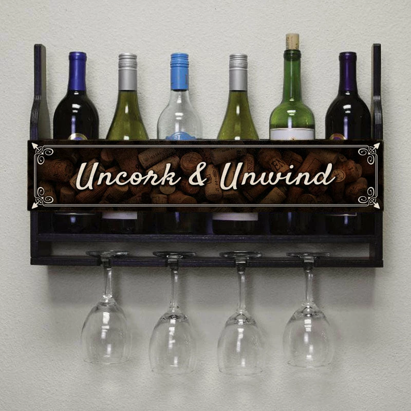 Wall Mounted Wine Bottle & Glass Hanging Shelf W/ Uncork & Unwind Plaque 4 Wall Mounted Wine Bottle & Glass Hanging Shelf W/ Uncork & Unwind Plaque - Image 2
