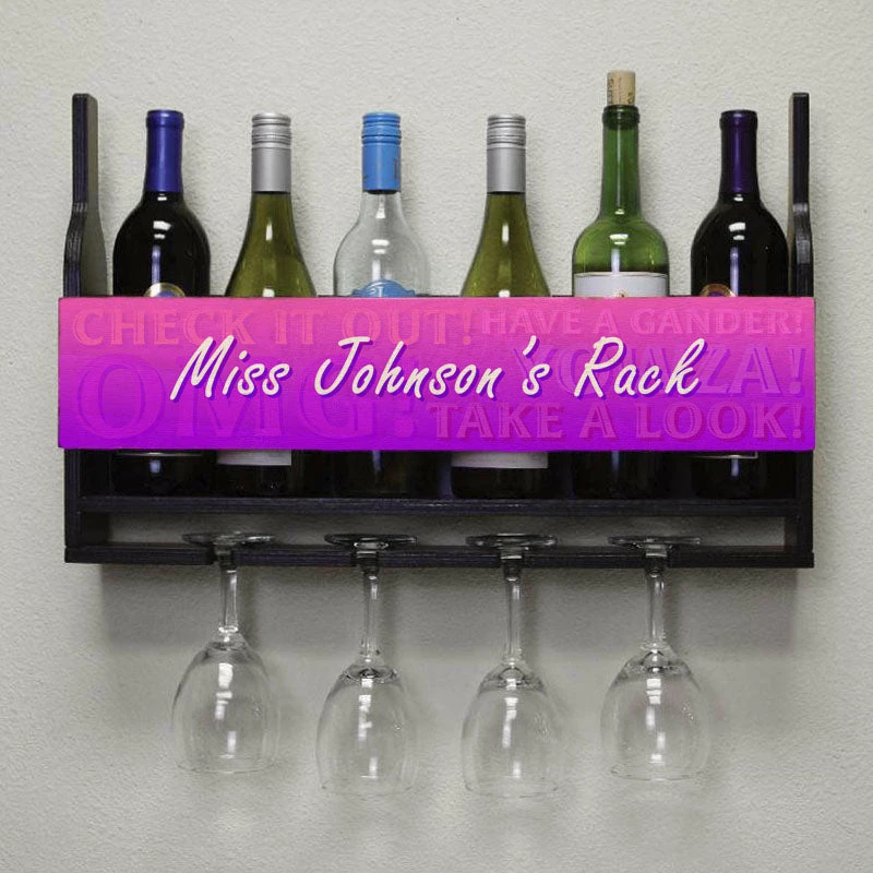CUSTOMIZABLE Wall Mounted Wine Bottle & Glass Hanging Shelf W/ Fun Pink Plaque 4 CUSTOMIZABLE Wall Mounted Wine Bottle & Glass Hanging Shelf W/ Fun Pink Plaque - Image 2