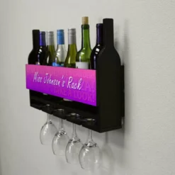 CUSTOMIZABLE Wall Mounted Wine Bottle & Glass Hanging Shelf W/ Fun Pink Plaque 11 CUSTOMIZABLE Wall Mounted Wine Bottle & Glass Hanging Shelf W/ Fun Pink Plaque -Endurance Sales customizable wall wine glass hanging shelf bottles glasses side miss